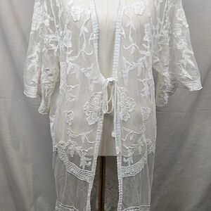 Dizzire Lace White Cardigan Duster M Open Front Embroidered Boho Fairycore